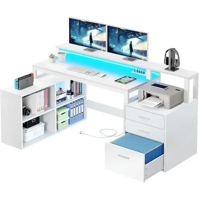 Portable Folding Table for Laptop Bed L Shaped Desk With Power Outlets & LED Lights & File Cabinet White Freight Free Furniture